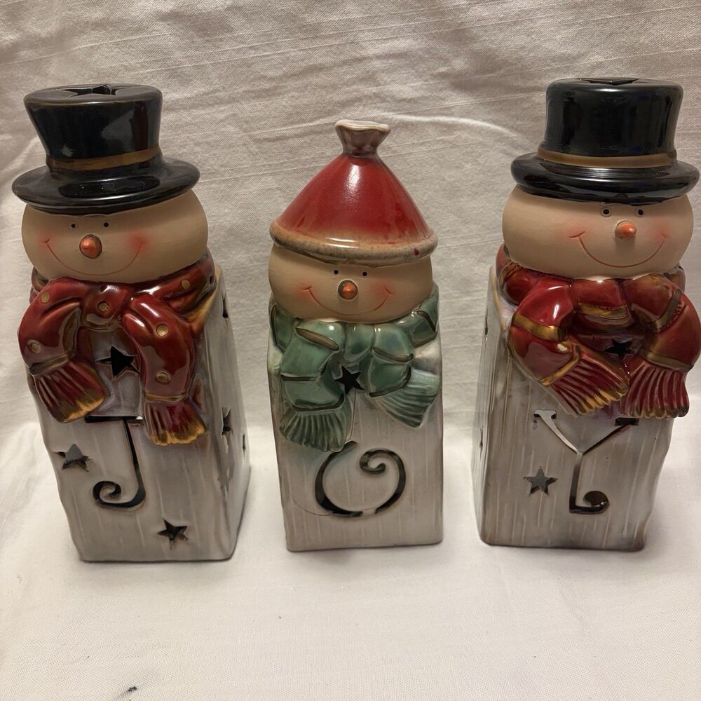 Kirkland's Joy Snowman Glazed Ceramic Candle Holder Set of 3 Christmas Holiday